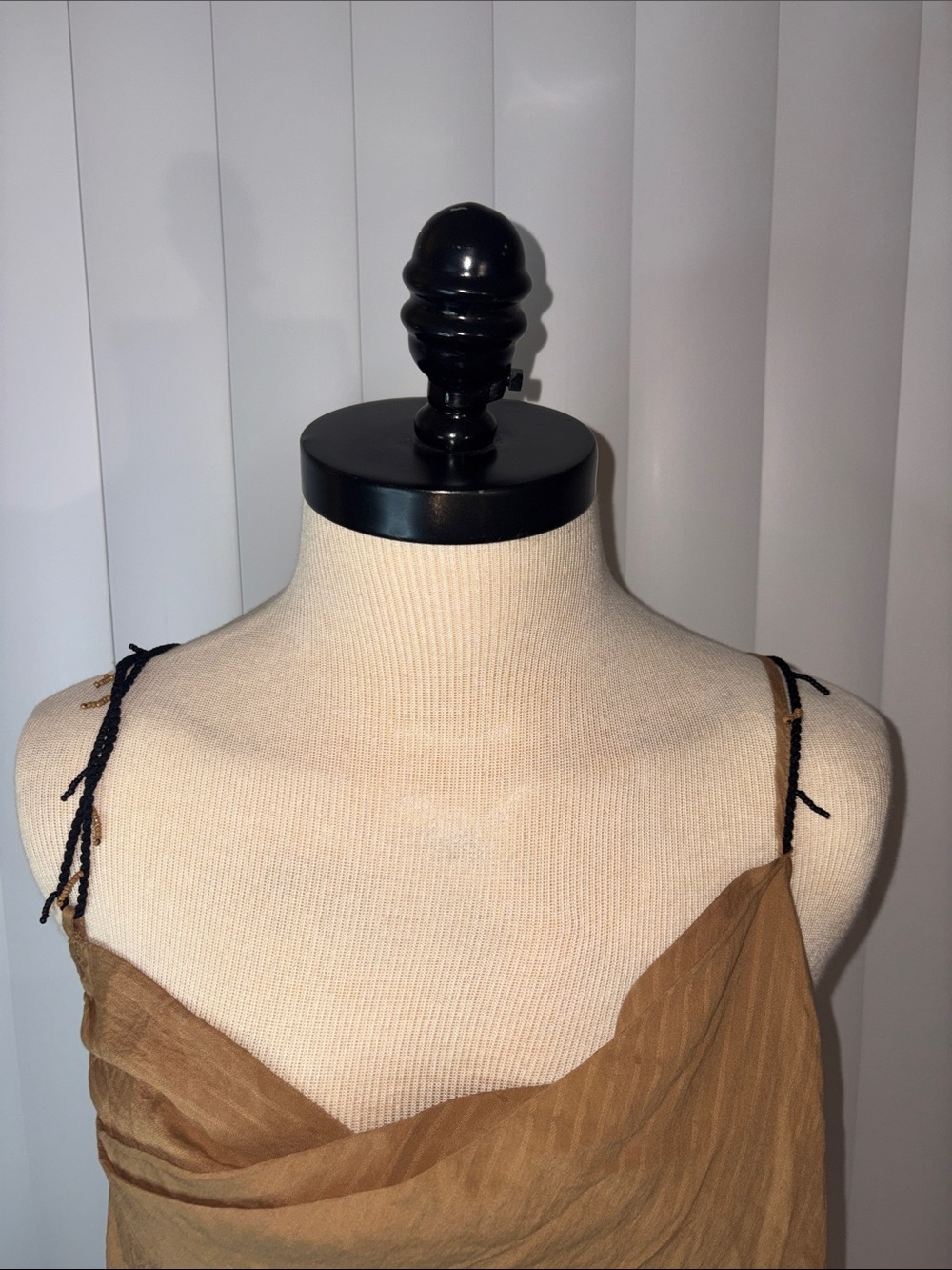 ZARA Women’s Tan Asymmetric Cowl Neck Draped Beaded Straps Textured Top XS - Picture 2 of 9